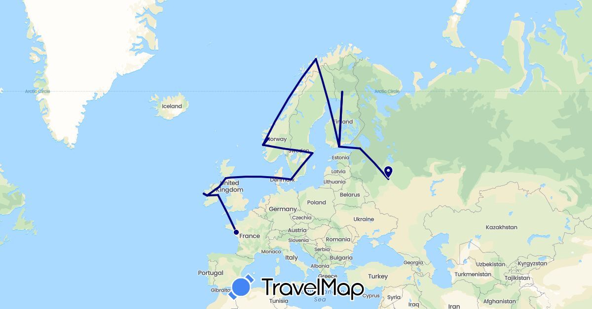 TravelMap itinerary: driving in Denmark, Finland, France, United Kingdom, Ireland, Norway, Russia, Sweden (Europe)
